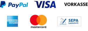 Zahlungsarten: PayPal, VISA, Vorkasse, American Express, Mastercard, SEPA-Lastschrift