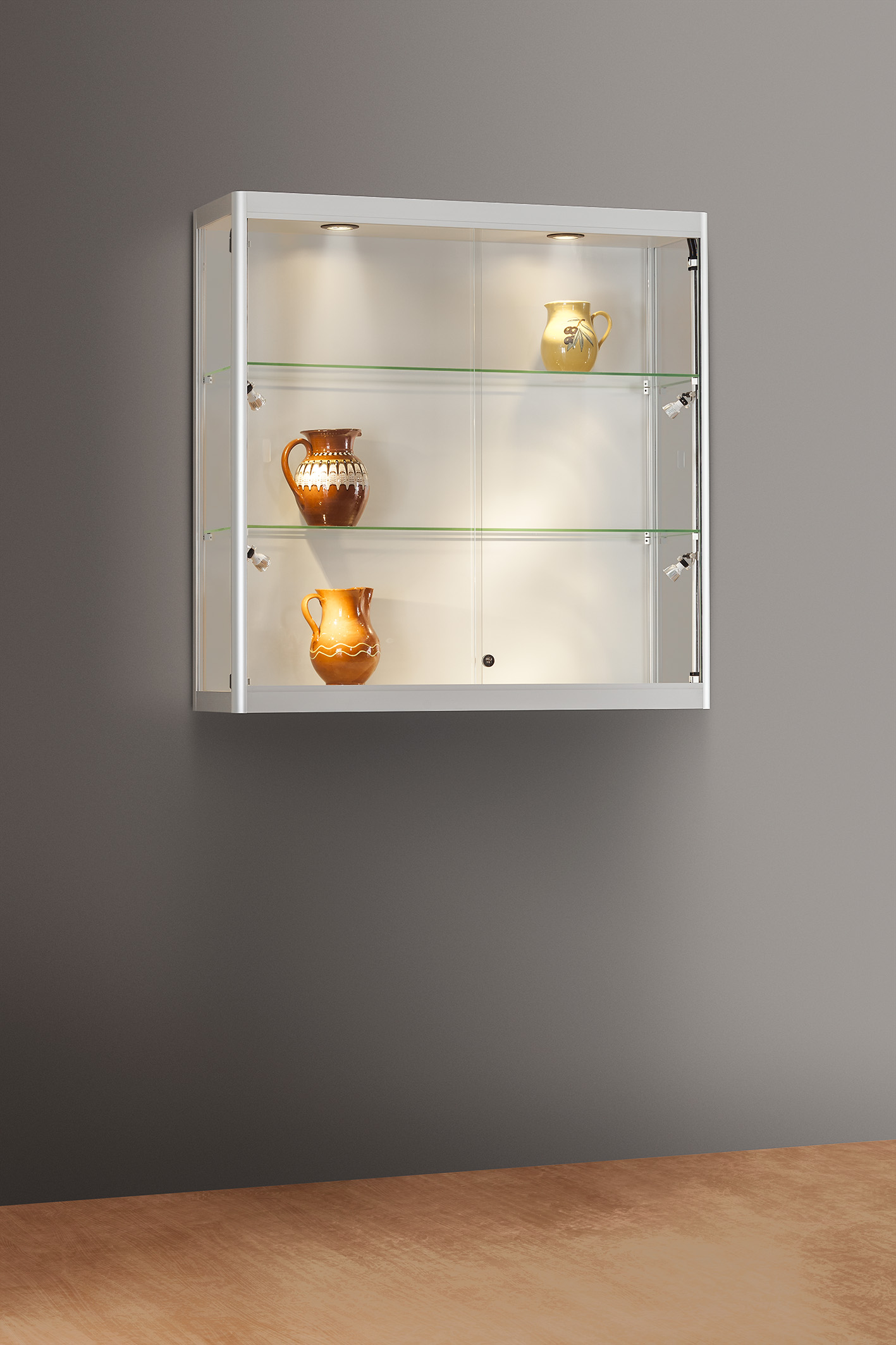 Wandvitrine 24 4eckig beleuchtet Decke + Seite