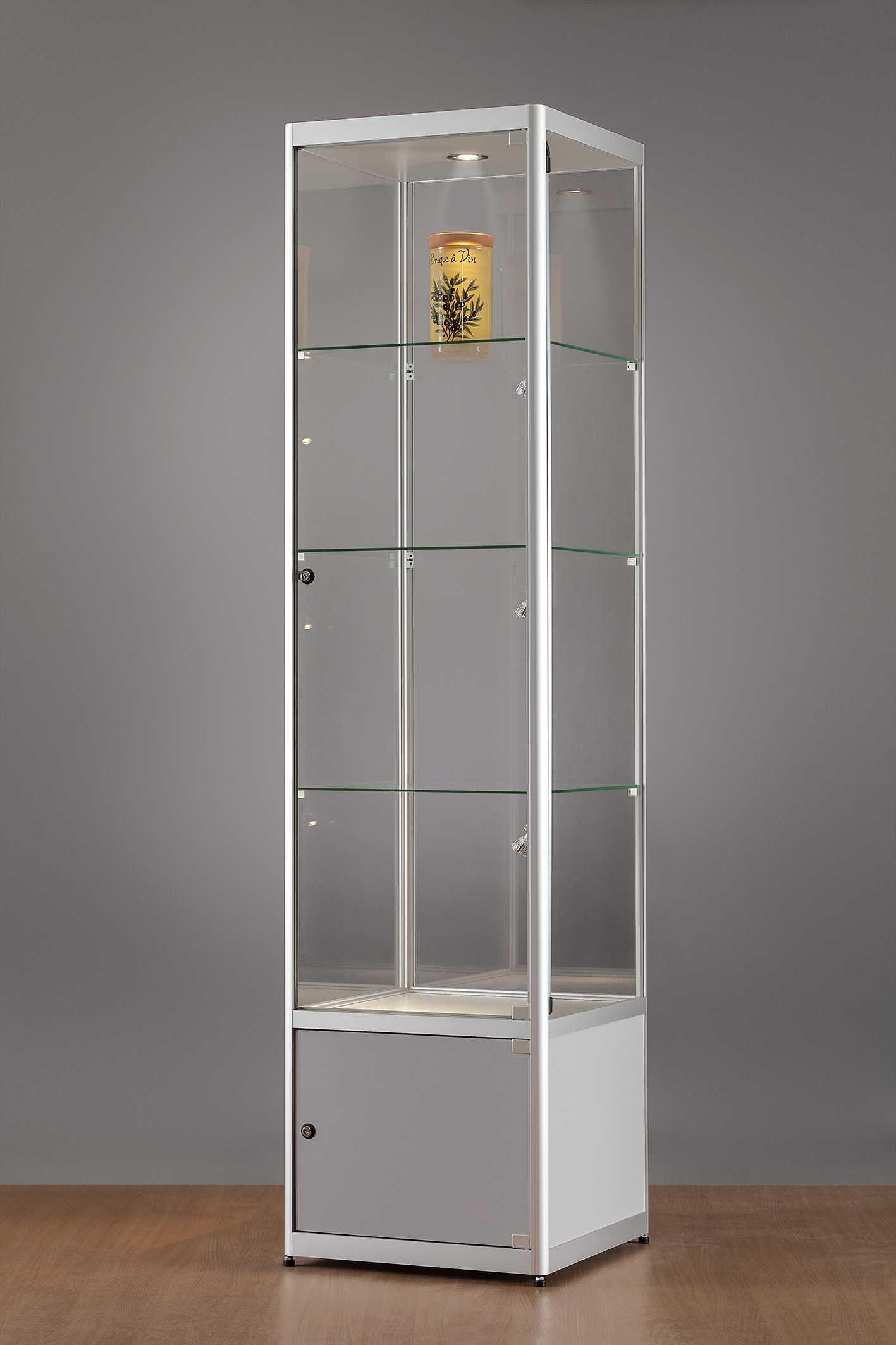 Bodenvitrine 24 4eckig mit Schrank beleuchtet Decke + Seite