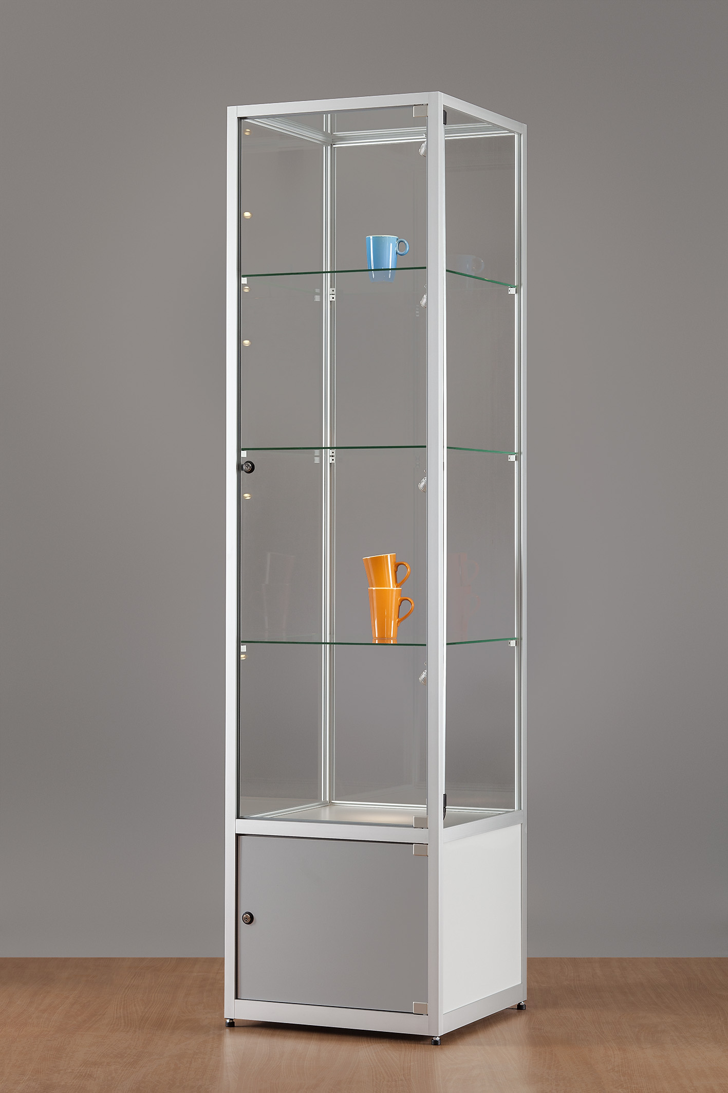Bodenvitrine 24 4eckig mit Schrank beleuchtet Seite
